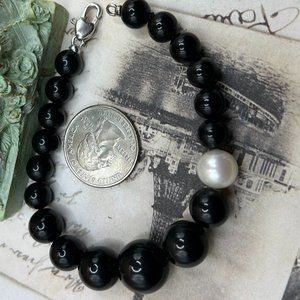 Designer Signed Black Onyx White Pearl Bead Bracelet Sterling Silver 925